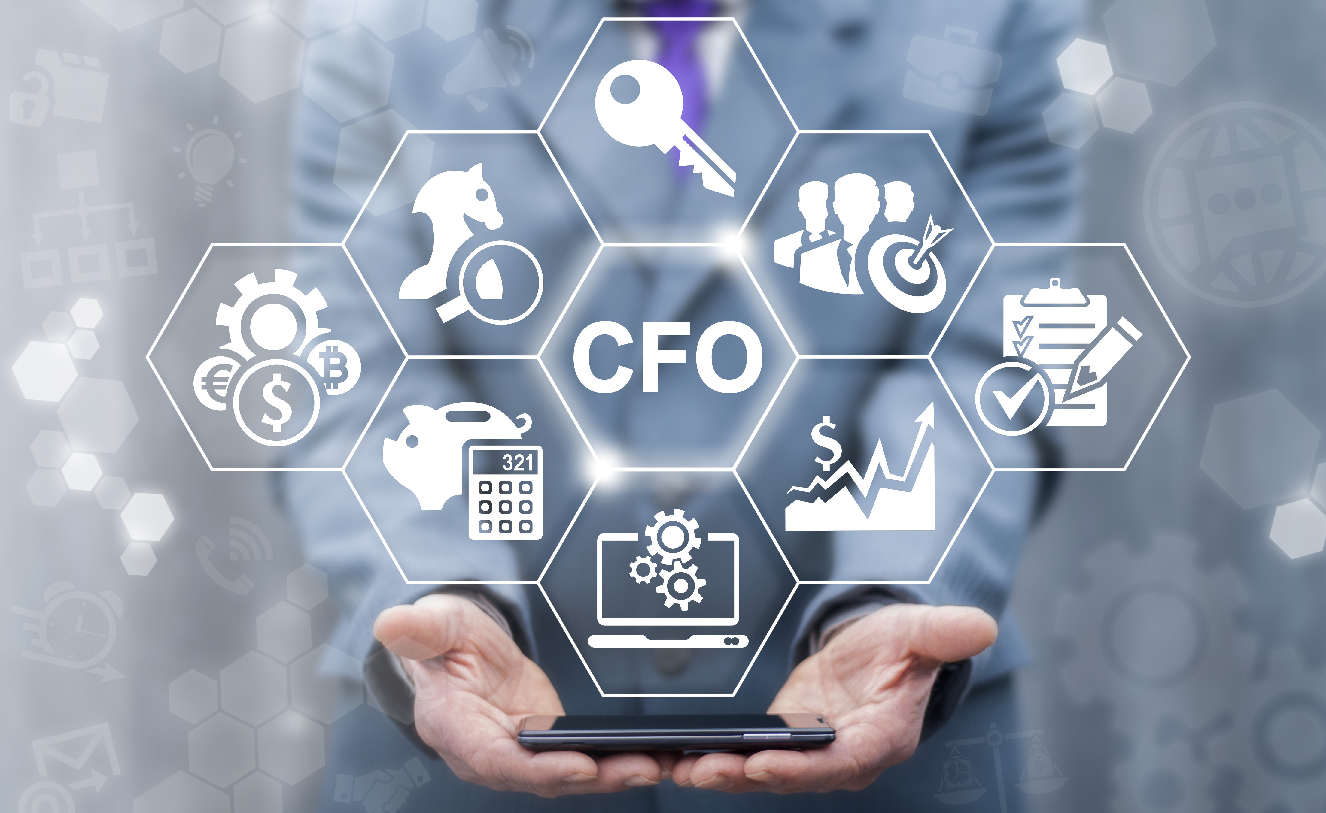 CFO - Chief Financial Officer business concept. Leadership, mobile internet  technology, finance, strategy office work. Businessman offers smart phone  with CFO icon on virtual screen. - Join Us 